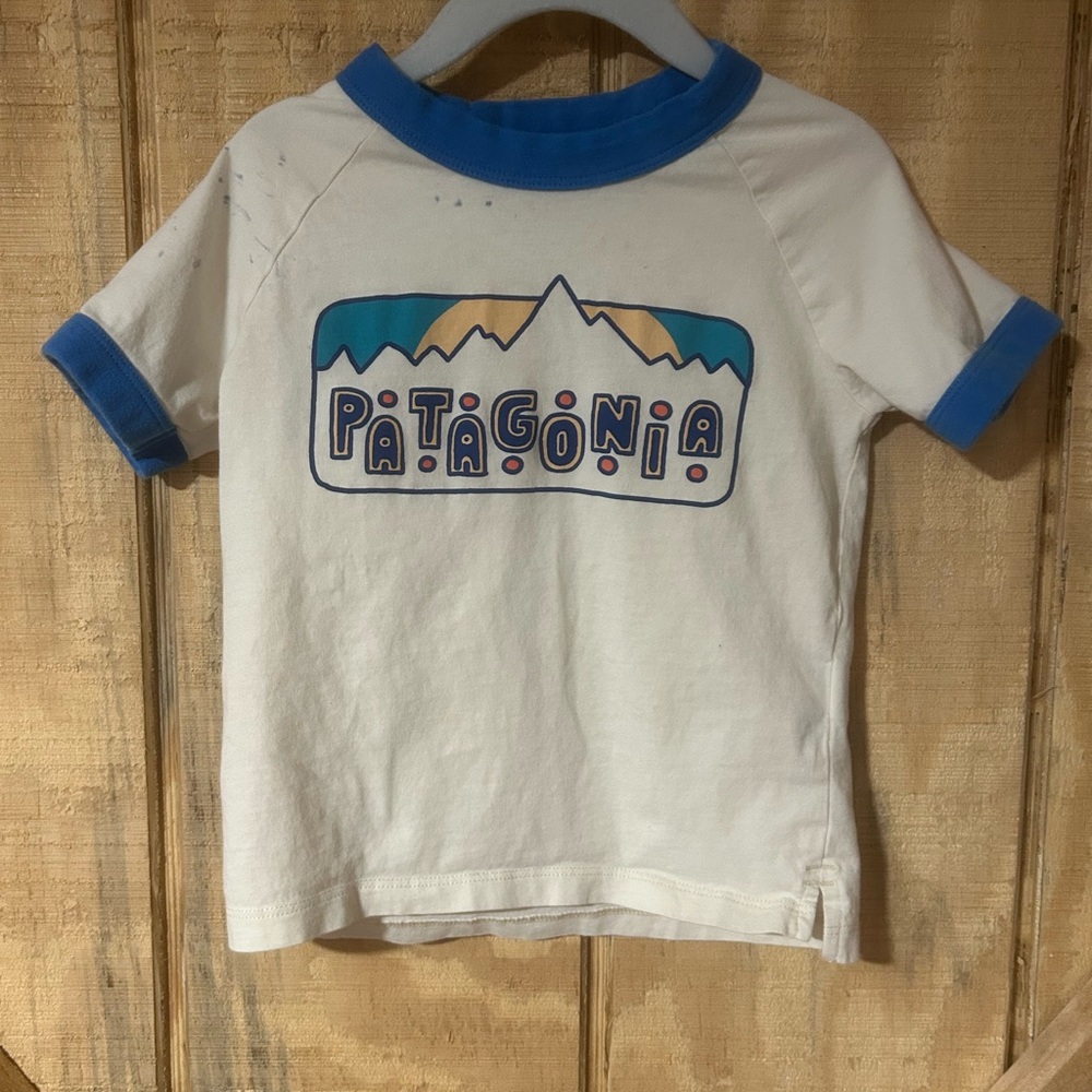 Patagonia Kids White and Blue Ringer T-Shirt